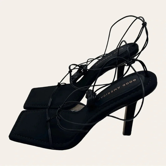 NEW IN BOX GOOD AMERICAN CAGED SLANTED SANDALS BLACK IN COLOR SIZE 9 SQUARED TOE - Picture 3 of 8